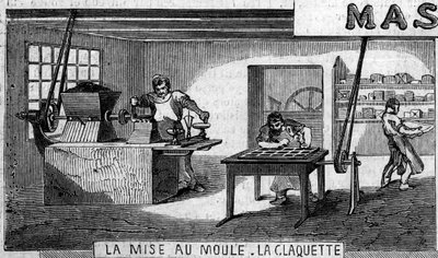 Çikolata üretimi: tartım ve kalıp, musluk. Usine de M. Masson, Paris by French School