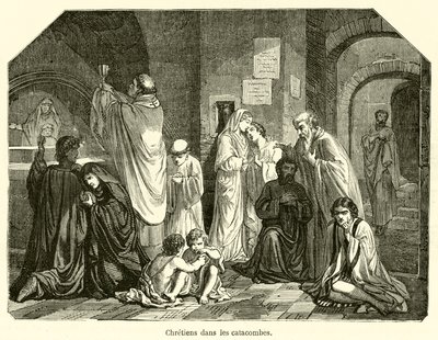 Yeraltı mezarlarındaki Hristiyanlar (gravür) by French School