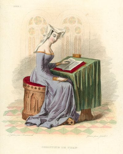 Christine de Pisan (renkli gravür) by French School