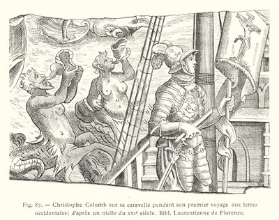 batı topraklarına ilk yolculuğunda karavelinde Christopher Columbus; 16. yüzyıldan bir niellodan sonra, Bibl Laurentienne de Florence (gravür) by French School