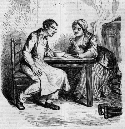 Christophe ve şişman Sylvie: kahvaltı yapan hizmetçiler. 19. yüzyılın ortalarında gravür. Honore de Balzac