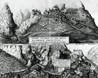 Saorge şehri, Fransa, Savoy yönetimi altında, gravür by French School
