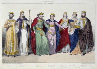 Clotaire (Clothaire) I, Caribert, Chilperic, Fredegonde, Clotaire II, Nantilde, Dagobert I - “La monarşi francaise en estampes” içinde ” by French School
