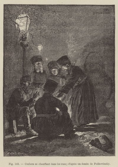 Sokaklarda ısınan arabacılar (gravür) by French School