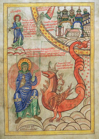 Morina. Guelf. 1 Güd. en. (14v), The Scarlet Woman, Apocalypse Beast ile buluşan Abominations Ana, Liber Floridus, Lambert de Saint-Omer c.1120 by French School
