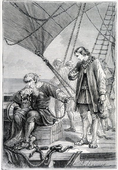 Kolomb kötü adam olarak bağlı (gemi güvertesinde), hasta. Jules Verne tarafından “” Discovery de la Terre”, ed. Hetzel, n.d. 19. by French School