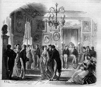 Comedie Francaise: komedyenler Francois-Joseph (Francois Joseph) Talma (1763-1826) ve Anne Boutet, dit Mademoiselle Mars (1779 - 1847), Fransız komedyen ile sanatçıların fuayesinden görünüm. 1867-1868 arası gravür. by French School