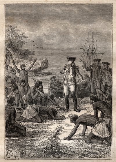 Cook'un yerliler tarafından kabulü - James Cook'un üçüncü yolculuğu - Yerliler tarafından karşılanan Cook - James Cook'un Pasifik Okyanusu'ndaki üçüncü yolculuğu - Jules Verne tarafından “18. Yüzyılın Büyük Denizcileri”nden alınan çizim by French School