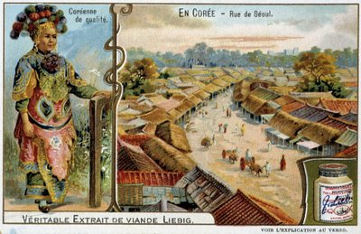 Coree: Seul Sokağı ve kadın kostümü - chromo Liébig, v.1900 by French School