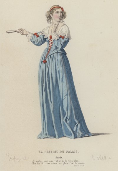 Corneille, La Galerie Du Palais, Act II, Sc IX (renkli gravür) by French School