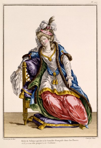 La Comedie Francaise'de Sultan'ın karısı için kostüm, Patus tarafından yapılmış baskı (el boyaması gravür) by French School