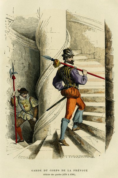 Ön oylamanın korumasının kostümü, ardından bir gardiyan subayı (1574 ve 1589). Renkli gravür, “France et les francais a travers les siecles”, Augustin Challamel, F.Roy editörü, Paris 1882. Selva Collection. by French School