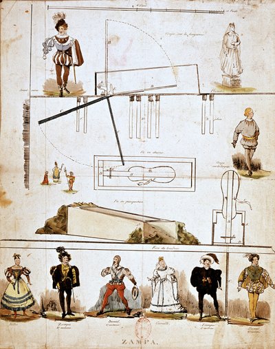 Ferdinand Herold'un (1791-1833) “Zampa veya Mermer Gelin” operası için kostümler ve setler by French School