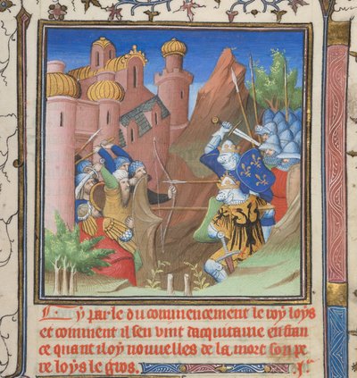 Cotton Nero E II pt.1, f.222, Louis VII Savaşı ve babası, Grandes Chroniques de France