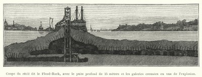 15 metre derinliğindeki kuyusu ve patlama için açılan galerilerin bulunduğu Flood-Rock olarak adlandırılan resifin bölümü (gravür) by French School