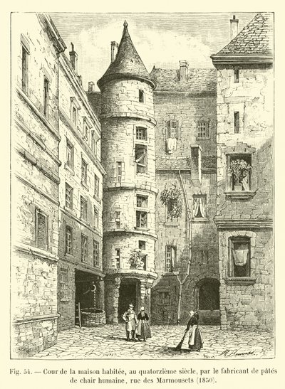 On dördüncü yüzyılda insan etinden makarna yapan kişinin yaşadığı evin avlusu, rue des Marmousets, 1850 by French School