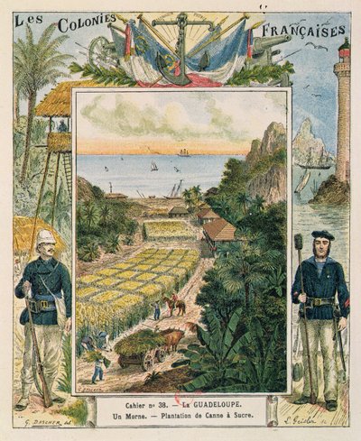 Guadeloupe'de bir şeker kamışı plantasyonunu tasvir eden bir okul alıştırma kitabının kapağı, 1892 by French School