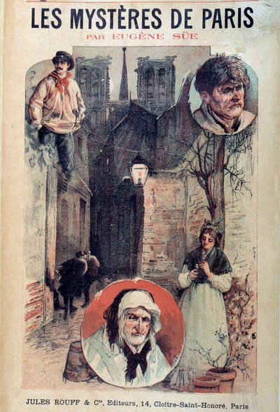 Eugene Sue (1804-1857) tarafından yazılan “Les mysteres de Paris”in kapağı, bir Paris sokak görünümü ve karakterler by French School