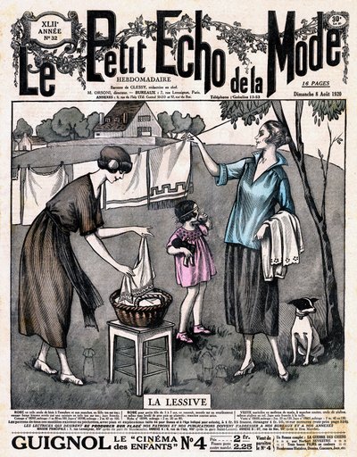 Gazetenin kapağı “Le petit echo de la mode” la deterjan - bir kız ve bir köpekle birlikte iki kadın, çamaşırları kuruması için dışarıdaki bir iplik üzerine serdi, n°32, 8 Ağustos by French School