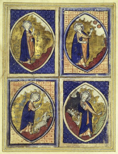 Gök kubbenin yaratılması, güneşin ve ayın yaratılması, hayvanların yaratılması, kuşların yaratılması, 13. yüzyıl sonu by French School