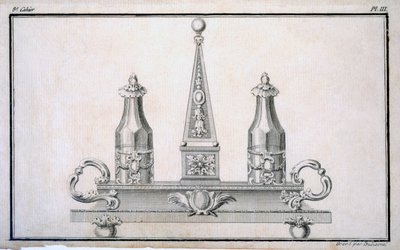 Duhamel tarafından bir araya getirilen Neo-klasik metal işçiliği tasarımlarından oluşan bir model kitabından stant üzerinde Cruet, c.1770s-80s by French School