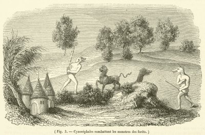 Orman canavarlarıyla savaşan Cynocephales (gravür) by French School