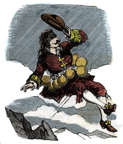 Cyrano de Bergerac, gül şişeleri ve aya yolculuk sayesinde gökyüzünde yükseliyor, Hercules Savinien Cyrano de Bergerac'ın (1619-1655) romanının illüstrasyonu: “” Öteki dünya” by French School