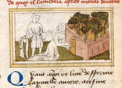 Dame Oiseuse, 'Le Roman de la Rose' c'den Sevgiliyi Zevkler Bahçesi'ndeki kapılardan kabul ediyor. 1400. by French School