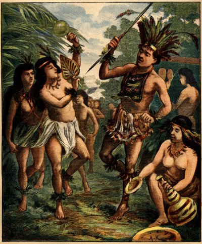 Karayipler'de Roucouyan Kızılderililerinin Dansı. 21 Nisan 1892 tarihli "" La Terre Illustree" n°77'deki gravür. by French School