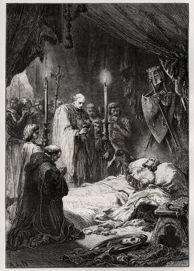 Saint Louis a Tunus'un 25 Ağustos 1270'te Ölümü - St Louis'in Ölümü”” (7. Haçlı Seferi sırasında, 25 Ağustos 1270'de) - “” L'histoire de France racontee a mes grandenfants”dan gravür - Francois Guizot - 1872 -1876 by French School