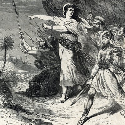 Deborah, Kenan kralı Jabin tarafından ezilen İsrail halkını savaşmaya yönlendirir. Lahure 19. yüzyıl Özel Koleksiyonu 'Kutsal Tarih'ten gravür by French School