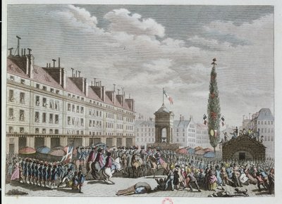 Anayasa Bildirisi, Place des Innocents, Paris, Eylül 1791, 1791 (renkli gravür) by French School