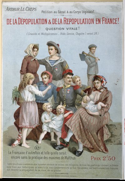 Fransa'da Nüfus Azaltma ve Yeniden Nüfus, Arthur Le Creps tarafından Malthusçuluğa karşı kitapçık, 1895 (renkli gravür) by French School