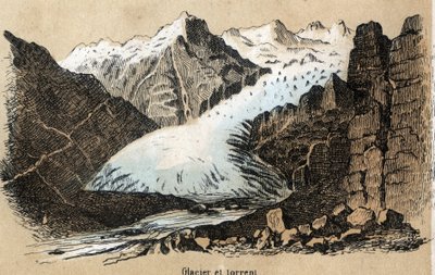 Coğrafyaya bağlı olarak farklı manzara ve kabartma türlerinin tanımı: bir dağ silsilesindeki bir buzulu (veya buz denizini) gösteren detay. Jules DELBRUCK