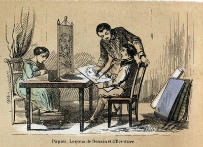 Kağıdın çeşitli ürünlerinin ve kullanımlarının tanımı: bir çizim ve yazı alanı. “Les Recreations Instructives” içindeki “Le papier et ses produits” levhası Jules Delbruck