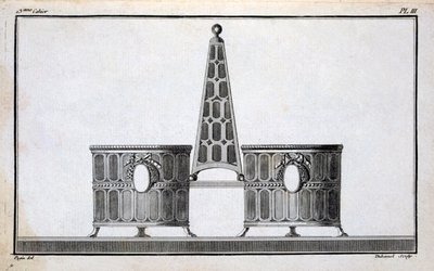 Duhamel tarafından bir araya getirilen Neo-klasik metal işçiliği tasarımlarının bir desen kitabından Pugin tasarımı, c.1770s-80s by French School
