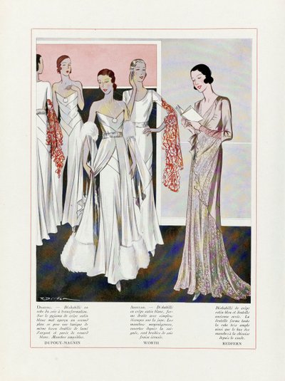Abiye için Tasarım Depouy-Magnin, Worth ve Redfern, pub. 1931 renkli litografi. by French School