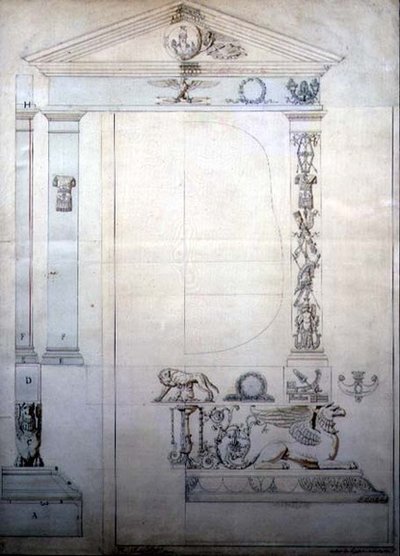 Cheval aynası için tasarım, c.1815 (kağıt üzerine kalem ve mürekkep ve sulu boya) by French School