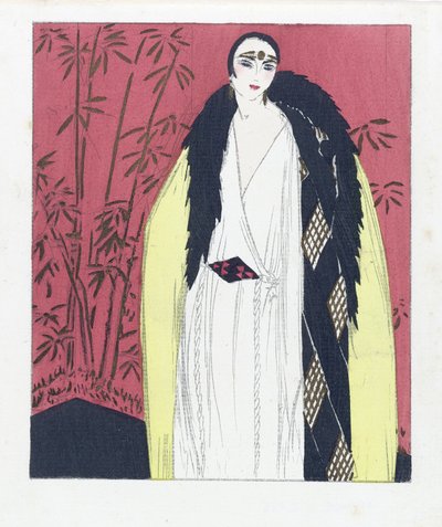 Kürk Süslemeli Pelerinli Gece Elbisesi Tasarımı, pub. 1924 (pochoir baskı) by French School