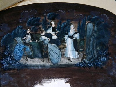 Çay partisini tasvir eden bir fanın dekorasyonu için tasarım (kağıt üzerine guaj) by French School