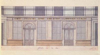 19. yüzyılın başlarında Cafe Procope cephesi için tasarım (kağıt üzerinde kalem & mürekkep ve wc) by French School