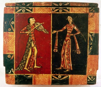 Bir müzisyeni ve bir dansçıyı tasvir eden bir düğün sandığından detay (ahşap üzerine parşömen boyalı) by French School