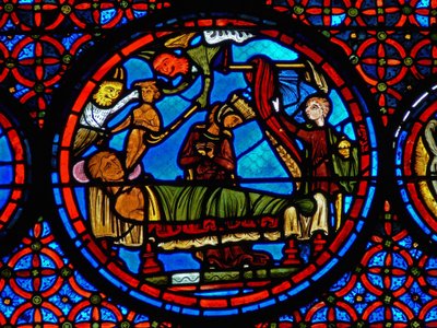 Lazarus ve Dives meselini gösteren bir pencereden detay by French School