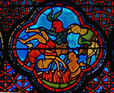 Lazarus ve Dives meselini gösteren bir pencereden detay: cehennemdeki zengin adam by French School