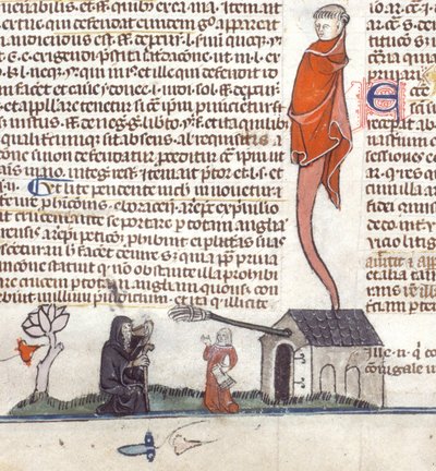 Bir tavernanın dışında oturup bira içen bir münzevinin alt sayfa sahnesinin detayı, c.1300-40 (parşömen üzerine mürekkep) by French School