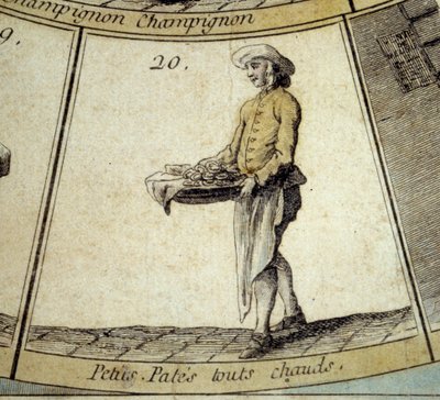 Cree of Paris kazı oyununun detayı: küçük sıcak makarna tüccarı. 18. yüzyılın gravürü. Kol. Ayrıl. by French School