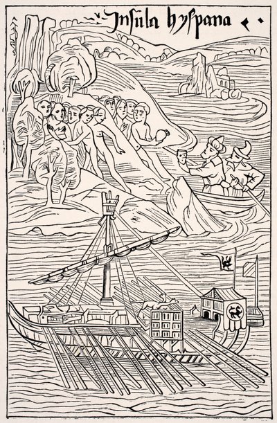 Santo Domingo'nun Keşfi, Insula Hyspana, Kristof Kolomb tarafından, Epistola Christoferi Colom'un ahşap bir gravürünün tıpkıbasımı, Paul Lacroix pub'ın Orta Çağ Bilim ve Edebiyatından. Londra 1878 by French School
