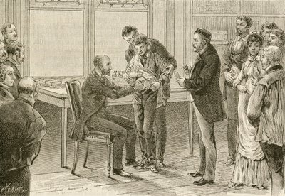 Doktor Pasteur kuduza yakalanmış bir çocuğu muayene ediyor. 19. yüzyıl (gravür) by French School