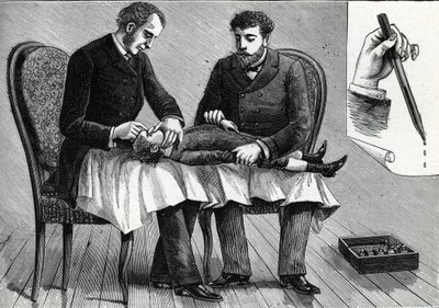 Bir çocuğun gözlerini muayene eden ve göz damlası enjekte eden doktorlar (gravür) 1888 by French School