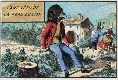 Aslan postu giyen eşek. Jean de La Fontaine (1621-95) Masalları. 19. yüzyılın sonundan Epinal